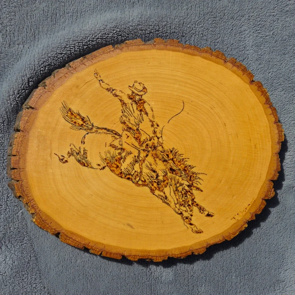 T. Donner Wood Burned Bucking Bronco Wall Art 9in Natural Live Edge Wood